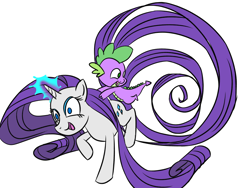 Size: 960x720 | Tagged: safe, artist:py-bun, rarity, spike, dragon, pony, unicorn, dragons riding ponies, duo, female, long mane, long tail, male, mare, no pupils, riding, simple background, white background