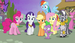 Size: 1920x1090 | Tagged: safe, derpibooru import, screencap, applejack, fluttershy, pinkie pie, rainbow dash, rarity, spike, zecora, dragon, earth pony, pegasus, pony, unicorn, zebra, princess twilight sparkle (episode), element of generosity, element of honesty, element of kindness, element of laughter, element of loyalty, shocked