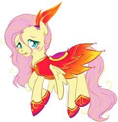 Size: 598x616 | Tagged: safe, artist:clovercoin, fluttershy, pegasus, pony, blushing, clothes, dress, feather, female, mare, phoenix dress, shoes, simple background, solo, white background