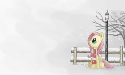 Size: 1366x813 | Tagged: safe, artist:cainescroll, fluttershy, pegasus, pony, clothes, female, lamppost, looking up, mare, outdoors, profile, scarf, sitting, smiling, snow, snowfall, solo, tree, wallpaper, winter