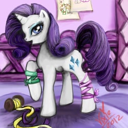 Size: 600x600 | Tagged: safe, artist:vixetra, rarity, pony, unicorn, carousel boutique, female, mare, raised hoof, ribbon, solo