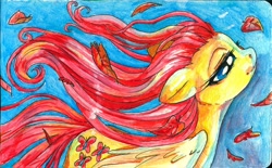 Size: 1280x792 | Tagged: safe, artist:buttercupsaiyan, fluttershy, pegasus, pony, female, floppy ears, leaf, mare, smiling, solo, traditional art, windswept mane