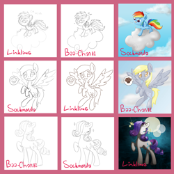 Size: 4000x4000 | Tagged: safe, artist:baa-chan01, artist:linkling, artist:sockmonsta, derpy hooves, rainbow dash, rarity, pegasus, pony, unicorn, female, mare