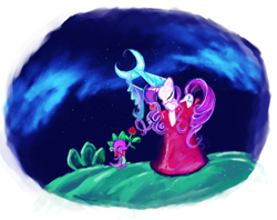 Size: 1600x1269 | Tagged: safe, artist:poptartnyan, rarity, spike, dragon, pony, unicorn, bowtie, crescent moon, eyes closed, female, flower, hennin, male, mare, moon, night, rose, shipping, sparity, straight, tower