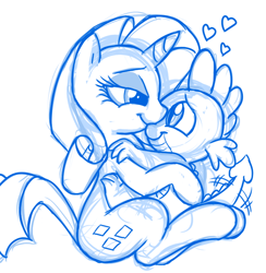 Size: 794x812 | Tagged: safe, artist:mickeymonster, rarity, spike, dragon, pony, unicorn, female, heart, hug, male, mare, monochrome, shipping, sketch, smiling, sparity, spikelove, straight