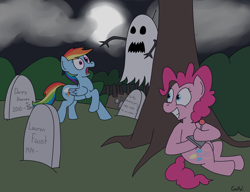 Size: 2362x1813 | Tagged: safe, artist:rapidstrike, derpibooru import, pinkie pie, rainbow dash, earth pony, ghost, pegasus, pony, bedsheet ghost, prank