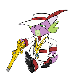 Size: 1002x1032 | Tagged: safe, artist:bunnimation, rarity, spike, dragon, pony, unicorn, cane, clothes, feather, hat, male, pimp, simple background, solo, swag, transparent background, walking