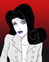 Size: 645x821 | Tagged: safe, artist:jarntazecht, rarity, human, absolute cleavage, breasts, cleavage, female, gradient background, humanized, patrick nagel, solo