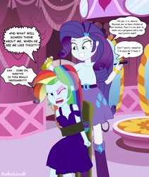 Size: 3200x3800 | Tagged: safe, artist:robukun, derpibooru import, rainbow dash, rarity, equestria girls, and then there's rarity, boots, bracelet, carousel boutique, clothes, dress, engrish, forced makeover, hair spray, high heel boots, implied shipping, implied soarindash, implied straight, jewelry, lipstick, makeover, makeup, necklace, rainbond dash, rainbow dash always dresses in style, skirt, tied up, tomboy taming