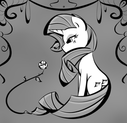 Size: 900x872 | Tagged: safe, artist:bamboodog, rarity, pony, unicorn, female, flower, grayscale, mare, monochrome, rose, sitting, solo