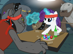 Size: 4000x3000 | Tagged: safe, artist:spokesthebrony, fido, rarity, rover, spot, diamond dog, pony, unicorn, absinthe, alcohol, archer (show), bottle, bullet, cave, diamond dog guard, female, gem, gritted teeth, gun, hardcore, headband, male, mare, revolver, russian roulette, the deer hunter, weapon