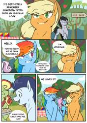 Size: 1240x1748 | Tagged: safe, artist:lrusu, derpibooru import, aloe, applejack, lotus blossom, lucky clover, rainbow dash, soarin', earth pony, pegasus, pony, comic:rainbow crush, comic, food, pie, spa twins