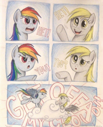 Size: 1072x1324 | Tagged: safe, artist:thefriendlyelephant, derpy hooves, rainbow dash, pegasus, pony, angry, cloud, comic, confused, duo, female, get off my cloud, hotel mario, mare, smiling, song reference, the rolling stones, traditional art