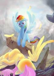 Size: 1448x2048 | Tagged: safe, artist:countcarbon, fluttershy, rainbow dash, pegasus, pony, canterlot, injured, rubble