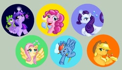 Size: 610x352 | Tagged: safe, artist:mirrankei, derpibooru import, applejack, fluttershy, pinkie pie, rainbow dash, rarity, spike, twilight sparkle, dragon, earth pony, pegasus, pony, unicorn, mane six