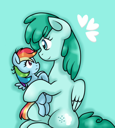 Size: 900x1000 | Tagged: safe, artist:stockingstreams, rainbow dash, spring melody, sprinkle medley, pegasus, pony, carrying, cute, duo, female, filly, foal, headcanon, heart, mother and child, mother and daughter, parent and child, size difference, smiling, smoldash, younger