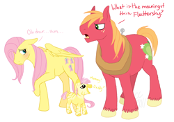 Size: 1400x983 | Tagged: safe, artist:cartoonlion, big macintosh, fluttershy, oc, earth pony, hybrid, pegasus, pony, zebroid, zony, adultery, blushing, dialogue, female, fluttermac, foal, implied infidelity, infidelity, male, mare, offspring, parent:fluttershy, shipping, simple background, stallion, straight, trio, white background