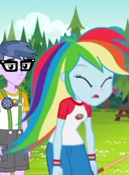 Size: 356x480 | Tagged: safe, derpibooru import, screencap, microchips, rainbow dash, equestria girls, legend of everfree, camp everfree outfits, clothes, eyes closed, glasses, pants, shorts