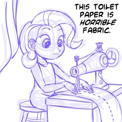 Size: 945x945 | Tagged: safe, artist:megasweet, rarity, human, female, humanized, monochrome, sewing machine, sitting, sketch, solo, toilet paper, young