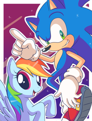 Size: 923x1217 | Tagged: safe, artist:domestic-hedgehog, rainbow dash, pegasus, pony, crossover, duo, sonic the hedgehog, sonic the hedgehog (series)