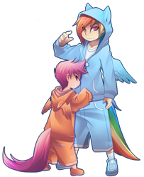 Size: 1024x1258 | Tagged: safe, artist:phation, rainbow dash, scootaloo, human, clothes, hoodie, humanized, tailed humanization, winged hoodie