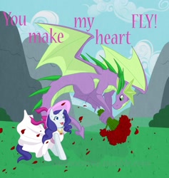 Size: 1280x1352 | Tagged: safe, artist:pastel-pony-pictures, rarity, spike, dragon, pony, unicorn, adult spike, clothes, dress, female, flower, hat, interspecies, male, mare, older, older spike, rose, shipping, sparity, straight, wings