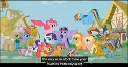 Size: 844x441 | Tagged: safe, derpibooru import, screencap, apple bloom, applejack, big macintosh, carrot cake, cup cake, fluttershy, mayor mare, pinkie pie, rainbow dash, rarity, scootaloo, spike, sweetie belle, twilight sparkle, zecora, alicorn, dragon, earth pony, pegasus, pony, unicorn, zebra, season 4, cutie mark crusaders, mane six, meme, youtube caption