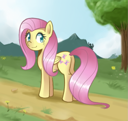 Size: 631x598 | Tagged: safe, artist:sallymon, fluttershy, pegasus, pony, female, flutterbutt, looking back, mare, plot, smiling, solo, tree