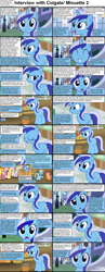 Size: 1282x3304 | Tagged: safe, derpibooru import, cheerilee, derpy hooves, fluttershy, minuette, rainbow dash, scootaloo, spitfire, pegasus, pony, unicorn, comic:celestia's servant interview, caption, cs captions, eyes closed, female, interview, looking at you, mare, smiling, toothbrush