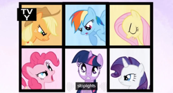 Size: 572x307 | Tagged: safe, derpibooru import, screencap, applejack, fluttershy, pinkie pie, rainbow dash, rarity, twilight sparkle, earth pony, pegasus, pony, unicorn, the ticket master, mane six, meme, traffic light, tv rating, youtube caption