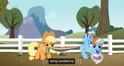 Size: 571x304 | Tagged: safe, derpibooru import, screencap, applejack, rainbow dash, earth pony, pegasus, pony, the ticket master, apple, ei, fence, hub logo, hubble, meme, tail bite, the hub, tree, youtube caption