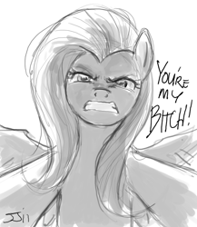 Size: 900x1038 | Tagged: safe, artist:johnjoseco, fluttershy, pegasus, pony, angry, female, flutterbitch, grayscale, looking at you, mare, monochrome, offscreen character, pov, solo, vulgar