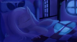 Size: 960x529 | Tagged: safe, artist:raikoh, fluttershy, pegasus, pony, bed, female, mare, night, sleeping, smiling, solo