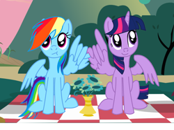 Size: 5100x3825 | Tagged: safe, artist:saintthunder, derpibooru import, rainbow dash, twilight sparkle, twilight sparkle (alicorn), alicorn, pegasus, pony, absurd resolution, complete, cute, dashabetes, female, flower, lesbian, picnic blanket, shipping, twiabetes, twidash, vase, wing hands