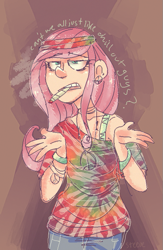 Size: 489x750 | Tagged: safe, artist:steeve, fluttershy, human, abstract background, cigar, clothes, drugs, ear piercing, earring, female, hippie, hippieshy, humanized, jewelry, off shoulder, peace sign, piercing, smoking, solo