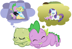 Size: 900x620 | Tagged: safe, artist:queencold, rarity, spike, oc, oc:jade, dragon, pony, unicorn, clothes, dragon oc, dragoness, dream, dress, female, male, simple background, sleeping, smiling, transparent background