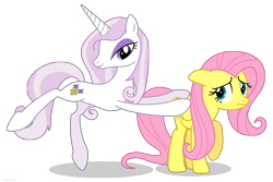 Size: 3000x2000 | Tagged: safe, artist:larsurus, part of a series, part of a set, fleur-de-lis, fluttershy, pegasus, pony, unicorn, duo, duo female, female, floppy ears, high res, mare, nervous, pose, raised hoof, simple background, smiling, transparent background, vector, wavy mouth