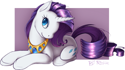 Size: 1052x587 | Tagged: safe, artist:roslik, rarity, pony, unicorn, female, mare, peytral, prone, smiling, solo