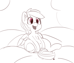 Size: 1280x1081 | Tagged: safe, artist:pabbley, derpibooru import, rainbow dash, pegasus, pony, belly, belly button, cloud, cute, dashabetes, monochrome, open mouth, partial color, sitting, smiling, solo