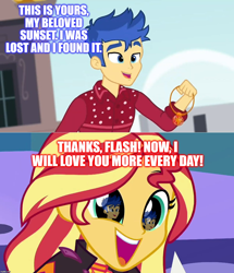 Size: 1196x1392 | Tagged: safe, edit, edited screencap, screencap, flash sentry, sunset shimmer, better together, cheer you on, equestria girls, wake up!, wake up!: pinkie pie, female, flashimmer, geode of empathy, magical geodes, male, meme, shipping, straight