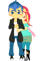 Size: 4960x7015 | Tagged: safe, artist:informalrain01, flash sentry, sunset shimmer, equestria girls, blushing, converse, cute, eyes closed, female, flashimmer, male, shipping, shoes, straight