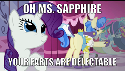 Size: 1920x1080 | Tagged: safe, edit, edited screencap, screencap, rarity, sapphire shores, earth pony, pony, unicorn, a dog and pony show, caption, duo, duo female, fart fetish, female, fetish, implied farting, mare