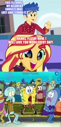 Size: 622x1284 | Tagged: safe, artist:mlpfan3991, edit, edited screencap, screencap, flash sentry, sunset shimmer, better together, cheer you on, choose your own ending, equestria girls, wake up!, comic, female, flashimmer, male, reaction, screencap comic, shipping, spongebob squarepants, straight, the spongebob squarepants movie