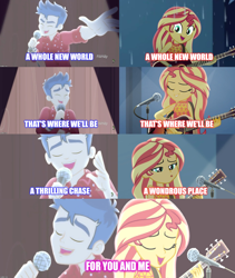 Size: 1752x2072 | Tagged: safe, edit, edited screencap, screencap, flash sentry, sunset shimmer, better together, cheer you on, equestria girls, let it rain, a whole new world, aladdin, female, flashimmer, male, reference, shipping, singing, straight