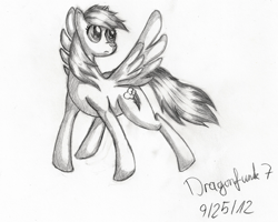 Size: 2480x1984 | Tagged: safe, artist:dragonfunk7, rainbow dash, pegasus, pony, female, mare, monochrome, simple background, solo, white background