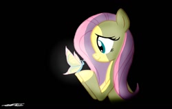 Size: 1244x792 | Tagged: safe, artist:willisninety-six, fluttershy, butterfly, pegasus, pony, darkness, female, light in the dark, mare, smiling, solo