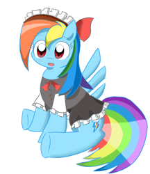 Size: 2193x2537 | Tagged: safe, artist:timorikawa, rainbow dash, pegasus, pony, clothes, maid, pixiv, simple background, sitting, solo