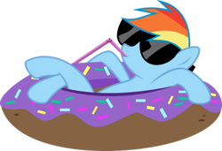 Size: 1082x739 | Tagged: dead source, safe, artist:missbeigepony, derpibooru import, rainbow dash, pegasus, pony, pinkie pride, donut, floaty, food, inner tube, simple background, solo, straw, sunglasses, transparent background, vector