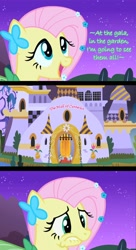 Size: 600x1100 | Tagged: safe, artist:doctorxfizzle, edit, edited screencap, screencap, fluttershy, pegasus, pony, the best night ever, at the gala, canterlot, clothes, comic, dress, female, gala dress, lip bite, mare, misheard, night, solo focus, song reference