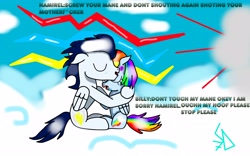 Size: 4664x2912 | Tagged: safe, artist:sdwing7, dumbbell, rainbow dash, soarin', oc, pegasus, pony, backwards cutie mark, blood, bruised, cloud, dust, engrish, eyes closed, female, fight, hug, injured, lip piercing, male, nose ring, nosebleed, old cutie mark, open mouth, shipping, sitting, smiling, soarindash, straight, streaky